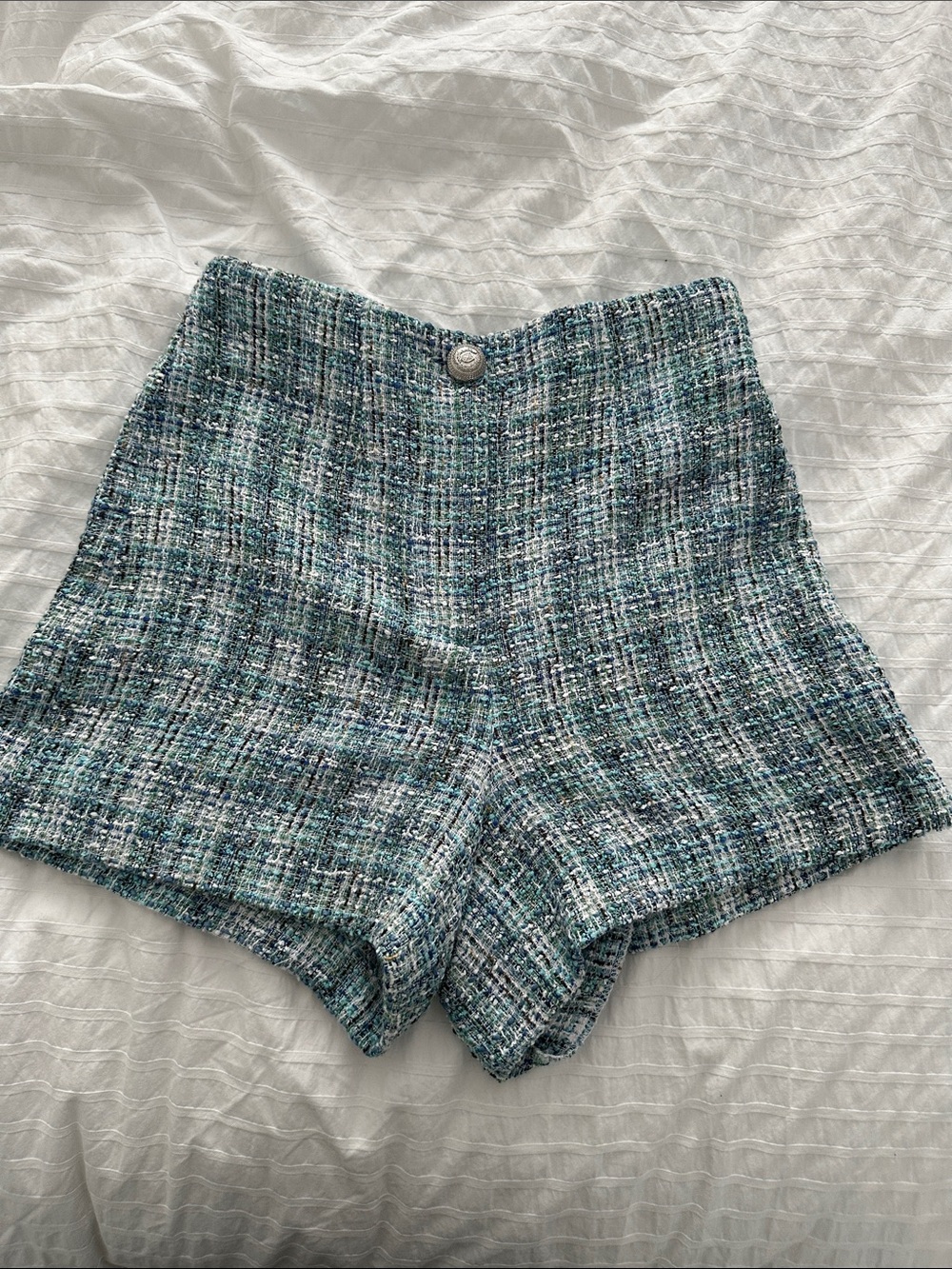 Zara Teal and White High-Waist Tweed Shorts